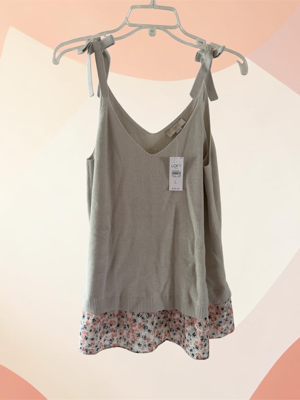 LOFT gray Knit Tie-Shoulder sweater with Floral Hem